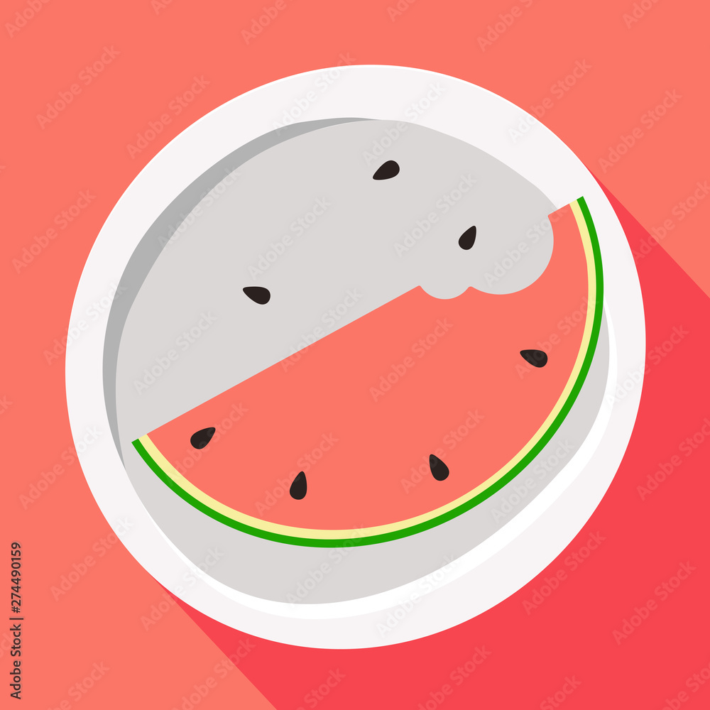 A slice of watermelon bitten with seeds on a plate. Vector illustration of a flat style. A slice of watermelon bitten with seeds on a plate. Vector illustration of a flat style.