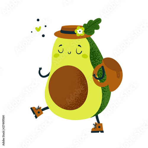 Cute avocado traveller go to adventure. Go vegan. Isolated cartoon character