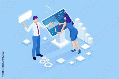 Isometric digital monitor with infographics. Female standing at the big display. Concept of business assistance. Interactive Information Kiosk, Advertising Display, Terminal Stand