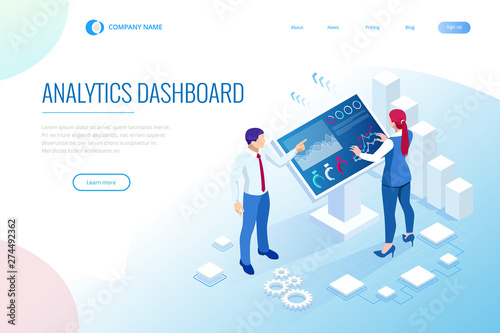 Isometric digital monitor with infographics. Female standing at the big display. Concept of business assistance. Interactive Information Kiosk, Advertising Display, Terminal Stand