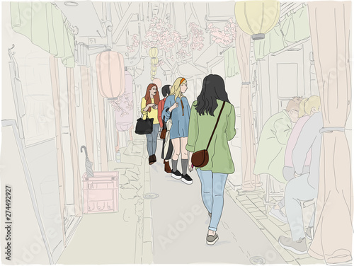 Hand drawn illustration. Young women tourists explore the scenic "Memory Lane," also called "Piss Alley" area, in Shinjuku, known for narrow streets, historic architecture, and tiny bars.