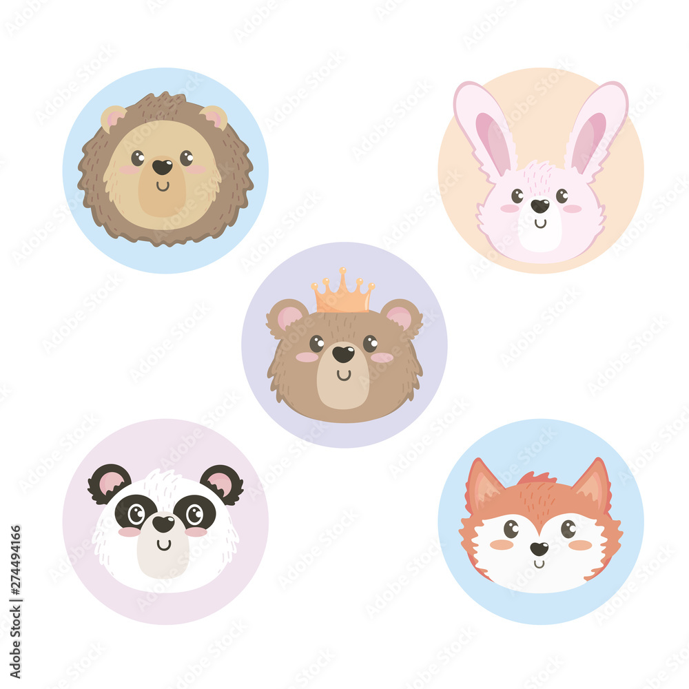 set of cute wild animal heads