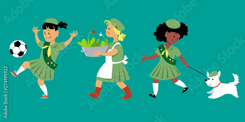 Three little girls in uniform participating in different activities, EPS 8 vector illustration