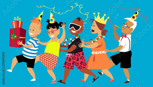 Diverse group of children dancing a conga line, celebrating a birthday, EPS 8 vector illustration