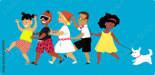 Diverse group of kids dancing a conga line, accompanied by a dog, EPS 8 vector illustration