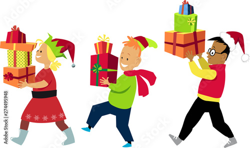 Three kids in Christmas clothing carrying gifts 
