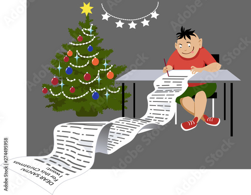 Greedy child writing a letter to Santa Claus with a long list of toys he want, EPS 8 vector illustration