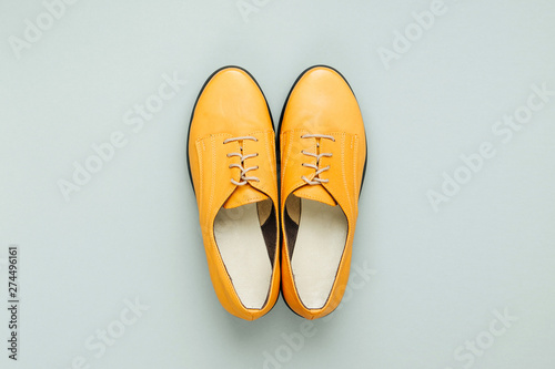 Stylish female spring or autumn shoes in various colors. Beauty and fashion concept. Flat lay, top view