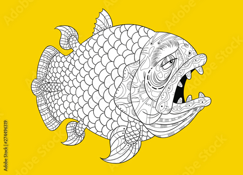 Black and white cartoon coelacanth for coloring with separate texture and separate background