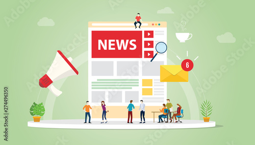 news update concept with team people and website page design and notifications updates symbol icon with modern flat style - vector photo