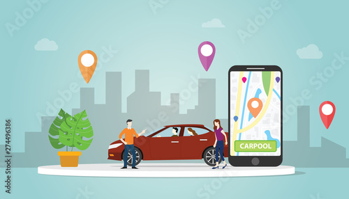carpool car sharing concept technology for people in urban city use gps location track with modern flat style - vector photo