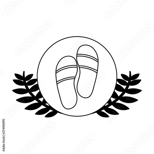 summer flip flops in frame circular with leafs