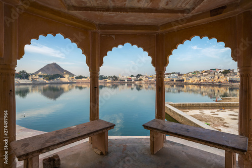 A view of pushkar lake - a well known pilgrimage center for hindu pilgrims at Pushkar, Rajasthan photo