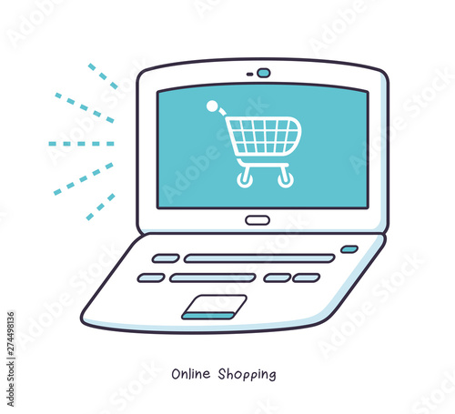 Laptop computer with online shopping cart symbol