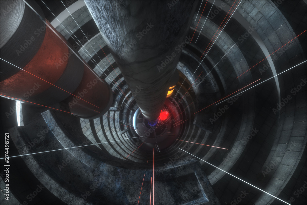 An abandoned round tunnel building in darkness, with scene of science fiction, 3d rendering. An abandoned round tunnel building in darkness, with scene of science fiction, 3d rendering.