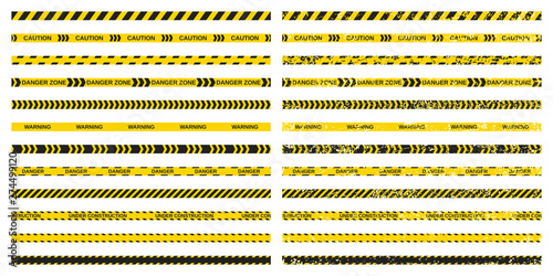 Vector set of 12 seamless warning tapes pairs isolated on white background. Caution, Danger, Under Construction and other tapes with grunge copy. Fully editable file for your projects.