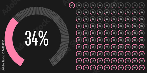 Set of circular sector percentage diagrams (meters) from 0 to 100 ready-to-use for web design, user interface (UI) or infographic - indicator with pink