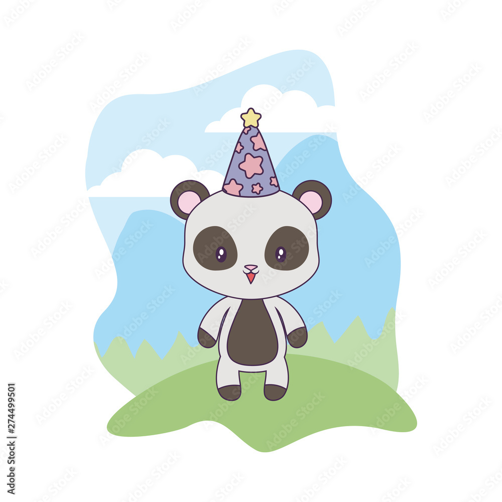 Fototapeta premium panda bear animal with hat party in landscape