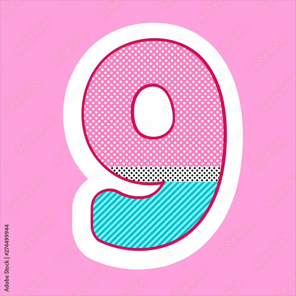 cute figure, number for children's birthday, holiday in the style lol doll. polka dot pattern and stripes vector illustration