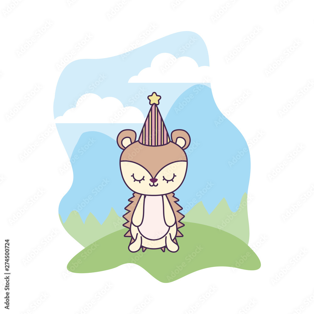 Fototapeta premium cute porcupine animal with hat party in landscape