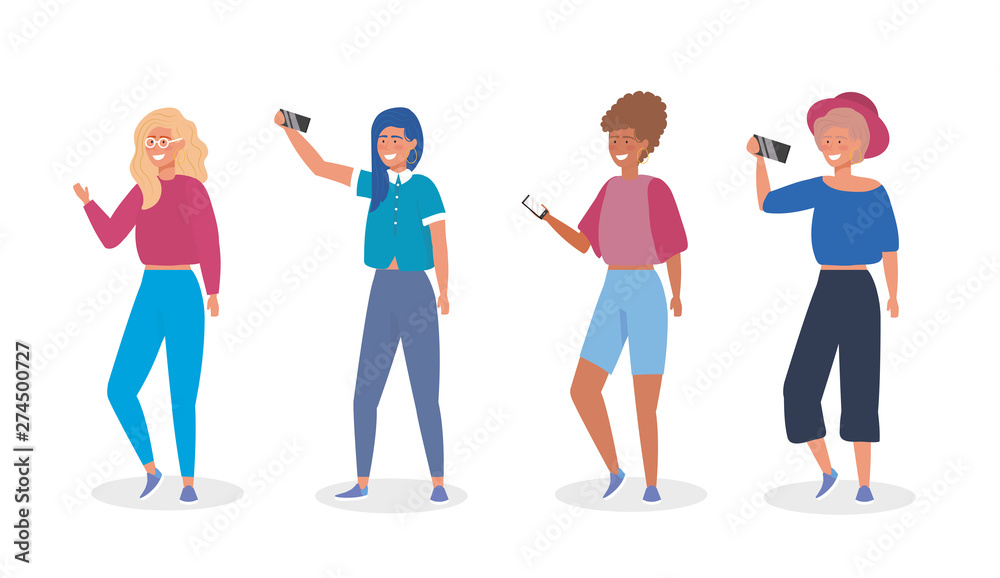 Fototapeta premium set of girls with casual clothes and smartphone selfie