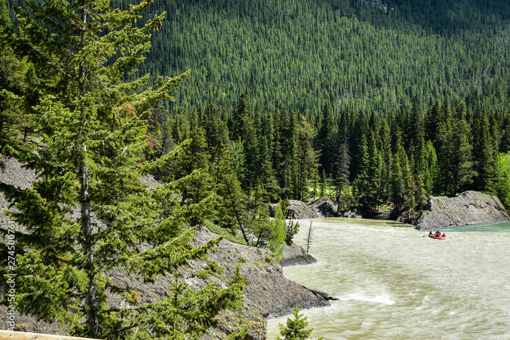View from Bow Falls Trail Banff National Park Canada. River raft going