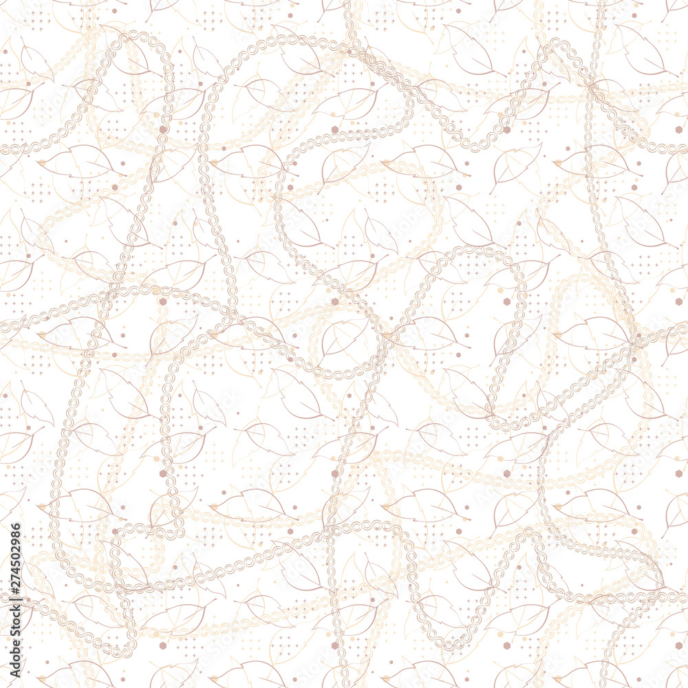 Vector Illustration of stylized, abstract leaves, stars, hexagons and warped chains in white, cream, yellow and tan. For fabric, fashion design, accessories, gifts
