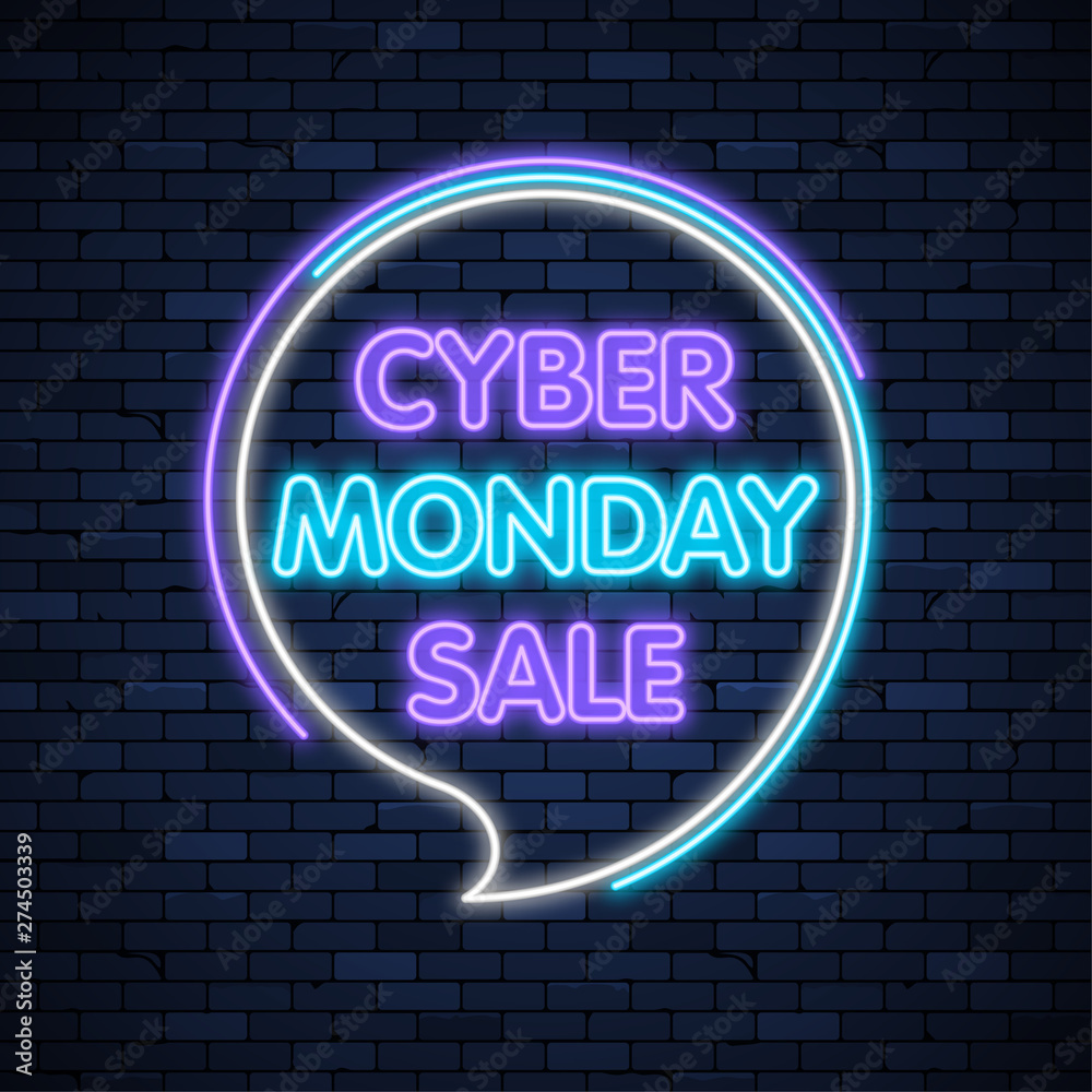 Cyber monday sale glowing neon sign on brick wall background