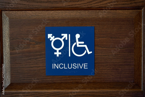 ADA Compliant Gender Inclusive Symbol Restroom Wall Sign with Wheelchair Symbol and braille photo