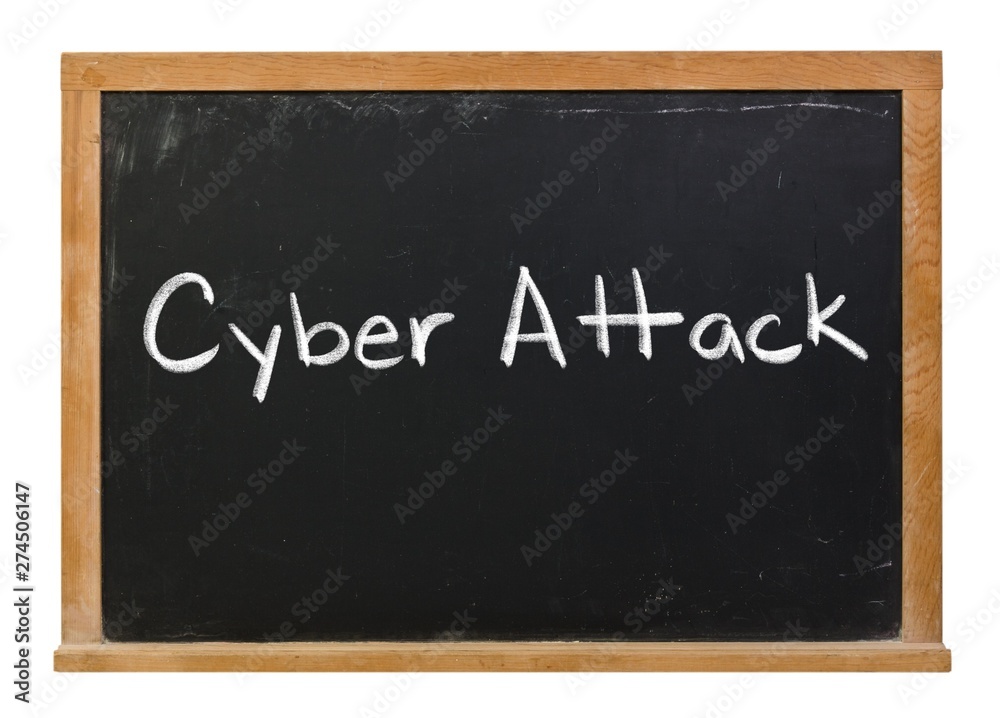 Cyber attack written in white chalk on a black chalkboard isolated on white Cyber attack written in white chalk on a black chalkboard isolated on white