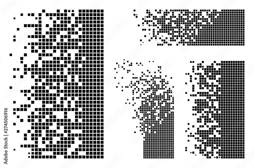 Vector dissolved rectangles flat abstraction. Vector style is a flat illustration of dissolved rectangles on a white background. Isolated design elements constructed from dots,