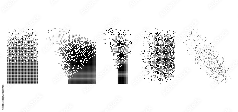 Vector rectangle disintegration flat abstraction. Vector style is a flat illustration of rectangle disintegration on a white background. Isolated design elements constructed from dots,