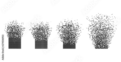 Vector rectangle dissipation flat abstraction. Vector style is a flat illustration of rectangle dissipation on a white background. Isolated design elements constructed from dots, photo