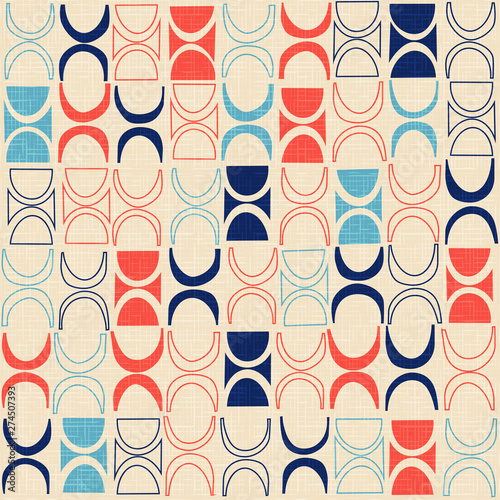 Seamless abstract mid century modern pattern for backgrounds, fabric design, wrapping paper, scrapbooks and covers. Retro design of crescents and circles. Vector illustration.