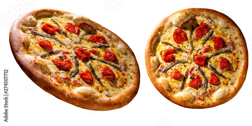 Pizza anchovy and dried tomato on white background. Top view, close up. Traditional Brazilian Pizza.