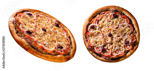 Pizza tuna fish, onion, tomato and black olive on white background. top and side view, close up. Traditional Brazilian Pizza.