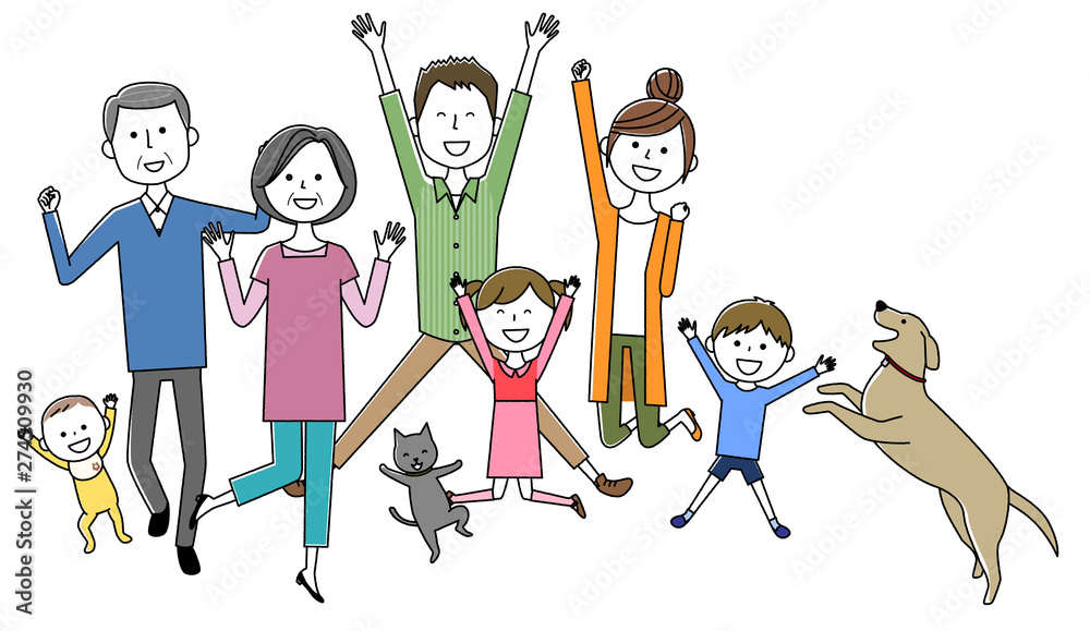 Naklejka premium ジャンプするファミリー 三世代家族