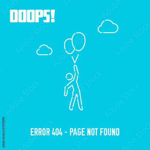 Ooops. 404 Page not Found Design Template. Balloon Man Flying in the Blue Sky. Error Page Concept. Link to Non-Existing Domain. Vector Illustration