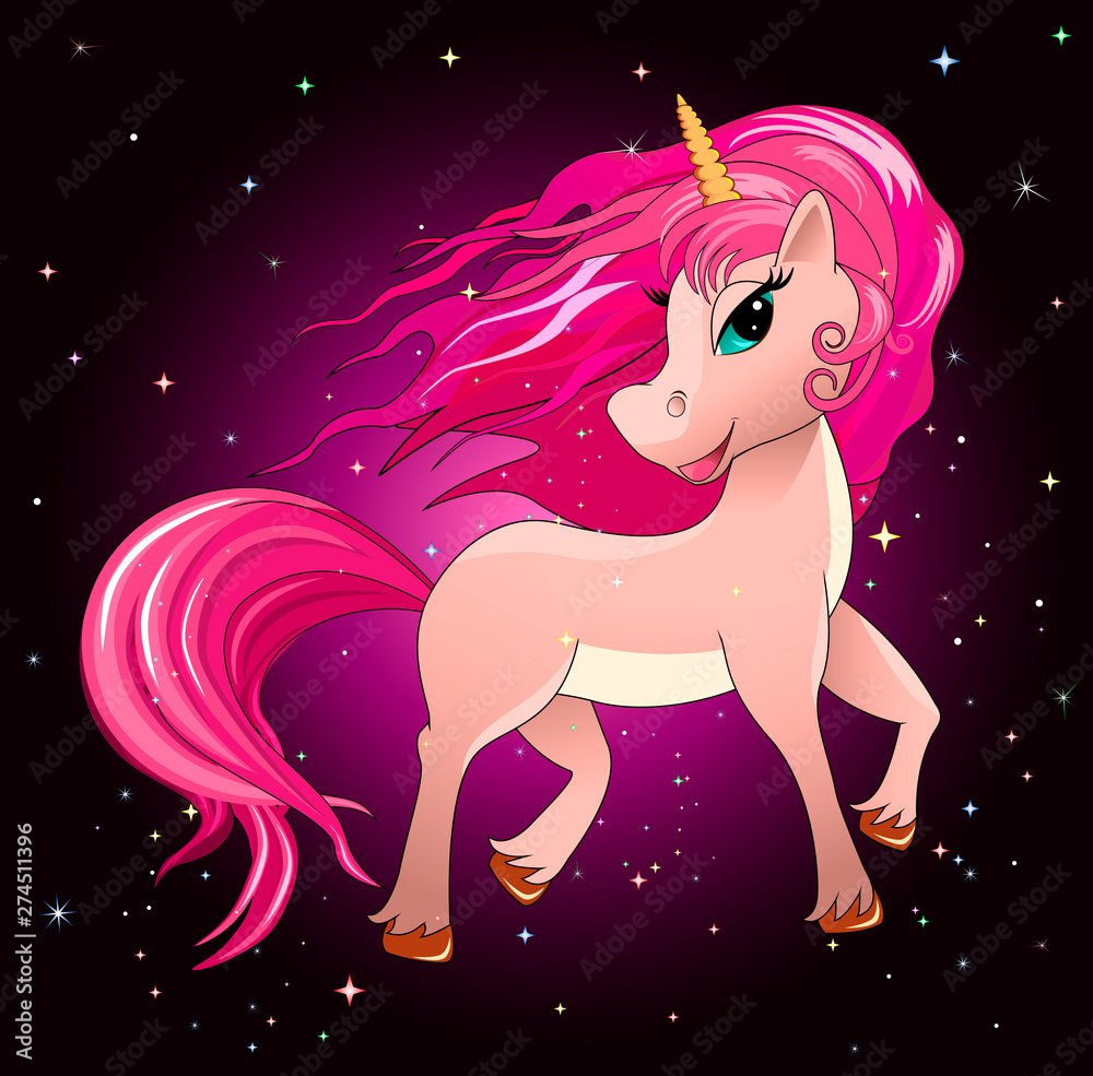 The magical unicorn in the night sky among the stars. Unicorn against the background of the night sky and stars. Unicorn with a pink mane