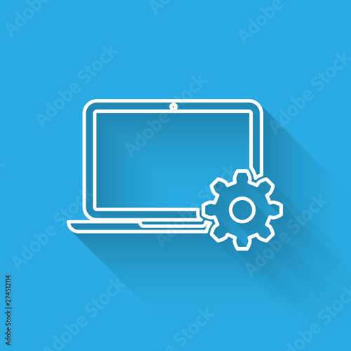 White Laptop and gear icon isolated with long shadow. Laptop service concept. Adjusting app, setting options, maintenance, repair, fixing laptop concepts. Vector Illustration
