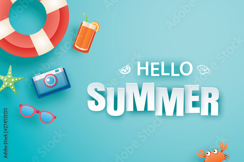 Hello summer with decoration origami on blue background. Paper art and craft style. Vector illustration of life ring, camera, sunglasses.