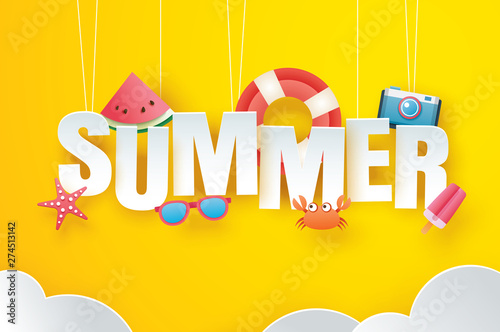 Hello summer with decoration origami hanging on yellow sky background. Paper art and craft style. Vector illustration of life ring, ice cream, camera, watermelon, sunglasses.