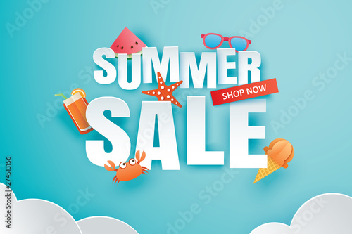 Summer sale with decoration origami on blue sky background. Paper art and craft style. Vector illustration of ice cream, watermelon, sunglasses.