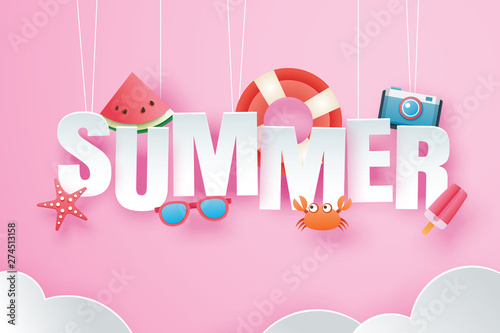 Hello summer with decoration origami hanging on pink sky background. Paper art and craft style. Vector illustration of life ring, ice cream, camera, watermelon, sunglasses.