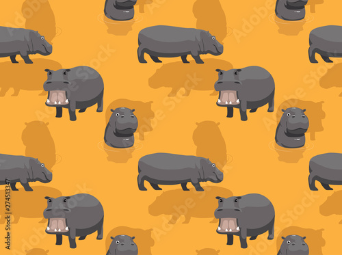 Cute Cartoon Hippo Yawning Background Seamless Wallpaper
