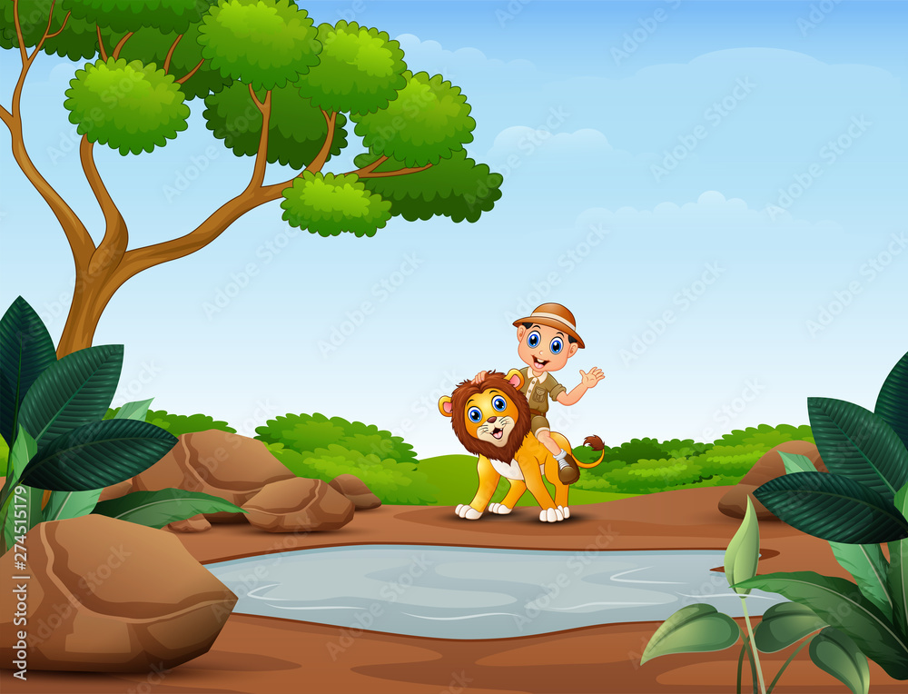 Naklejka premium Happy zookeeper boy and lion near the small pond