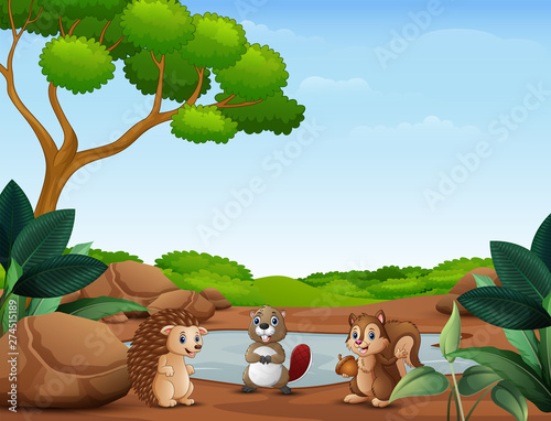 Animals cartoon standing near the small pond