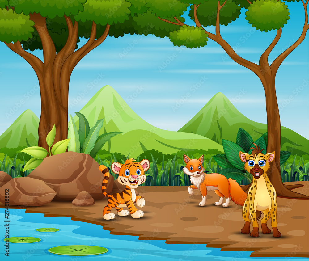 Naklejka premium Wild animals cartoon living in the forest