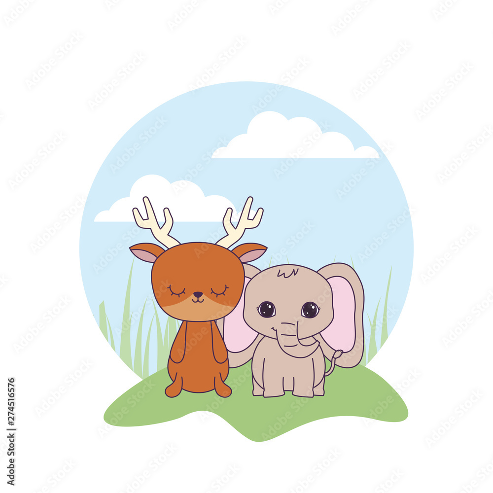cute elephant with reindeer animals in landscape cute elephant with reindeer animals in landscape