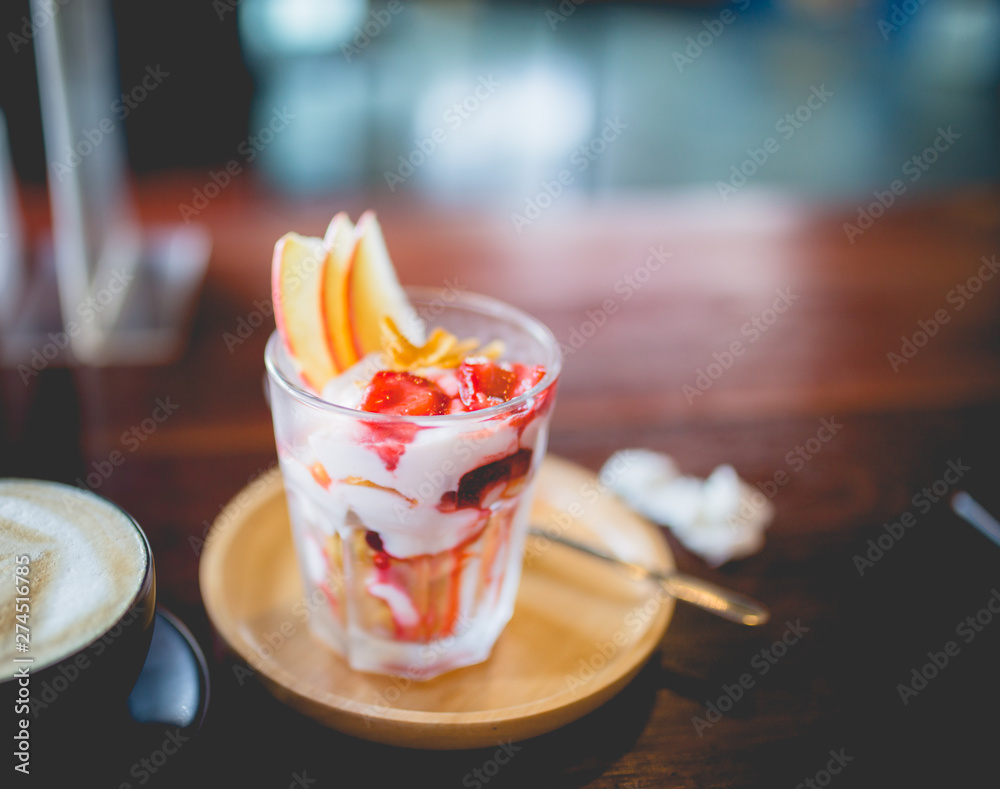 homemade fruit yoghurt with strawberry jam, apple and conflake homemade fruit yoghurt with strawberry jam, apple and conflake